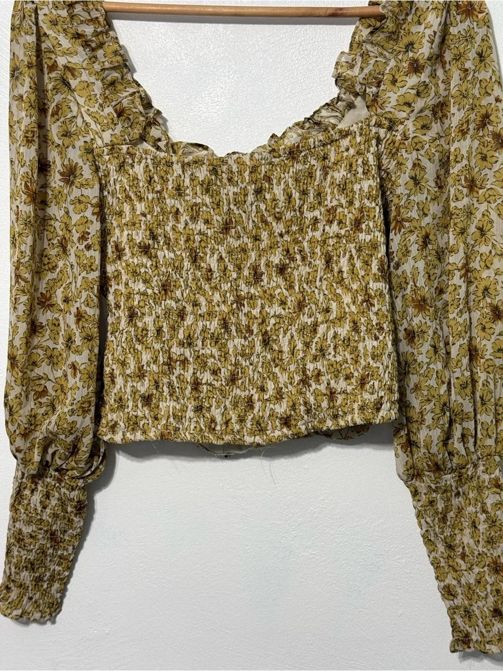 Astr the label Square Neck Ruched Top ivory mustard yellow floral blouse